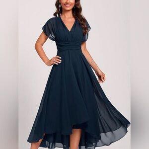 Women’s Navy Blue Short Sleeve Cinched Waist Midi Dress